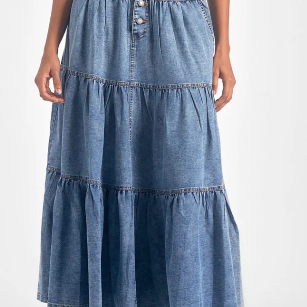 Elan: Gypsy Tiered Maxi Skirt - Denim
